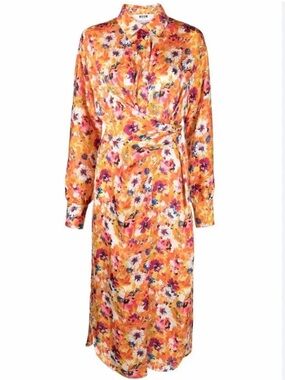 MSGM NWT Orange Floral Wrap-Style Long Sleeve Midi Dress